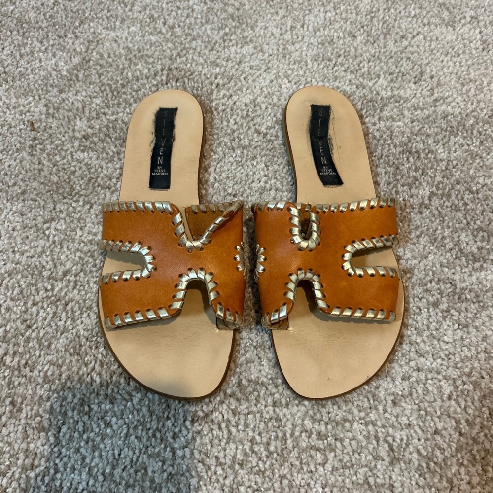 Steve Madden Tan Leather H Strap Slides Sandals Women's Size 7 Gold Trim‎